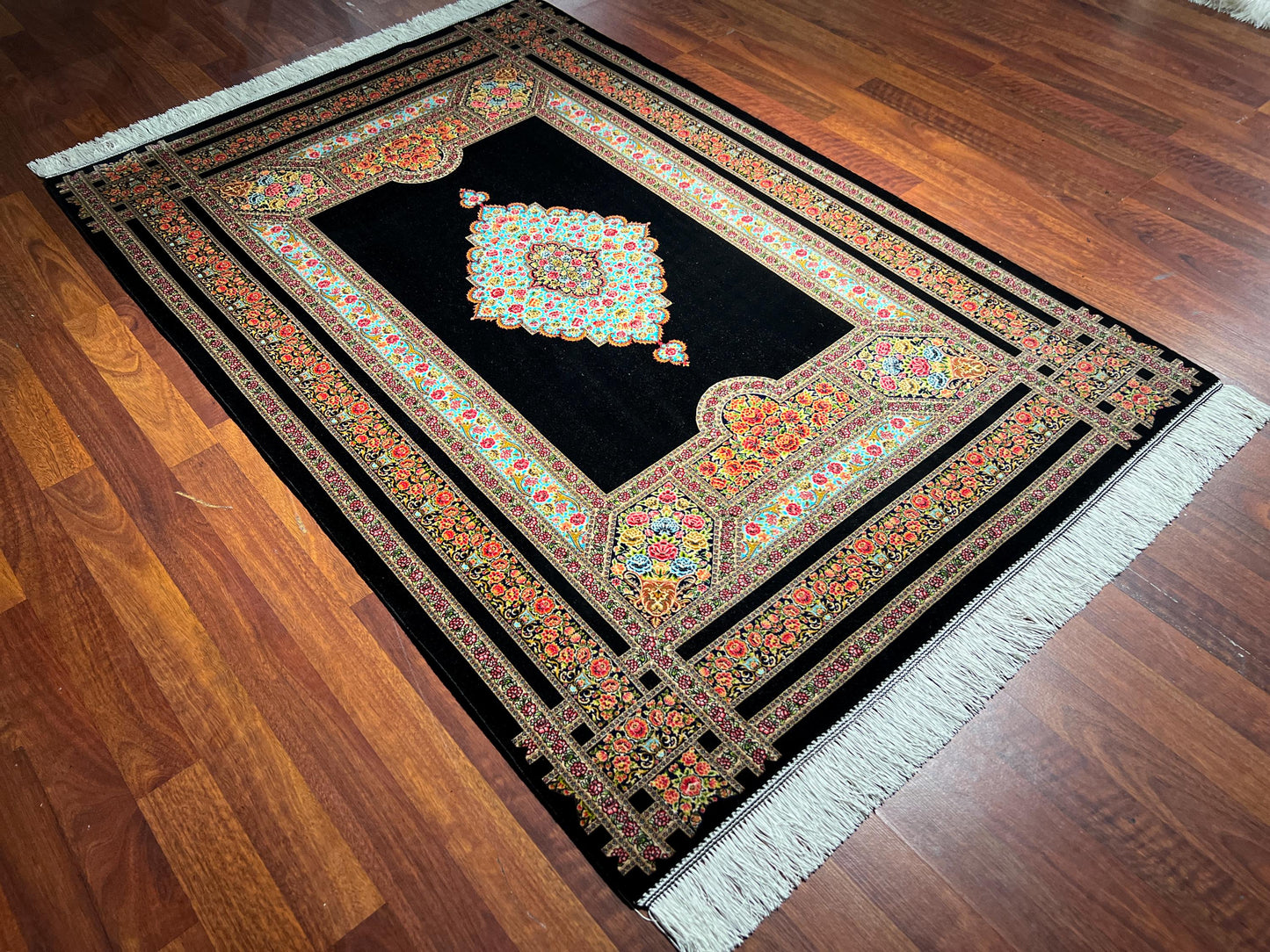 Black Floral Medallion Silk Rug, 3x5 Area Rug, Turkish Modal Silk Rug