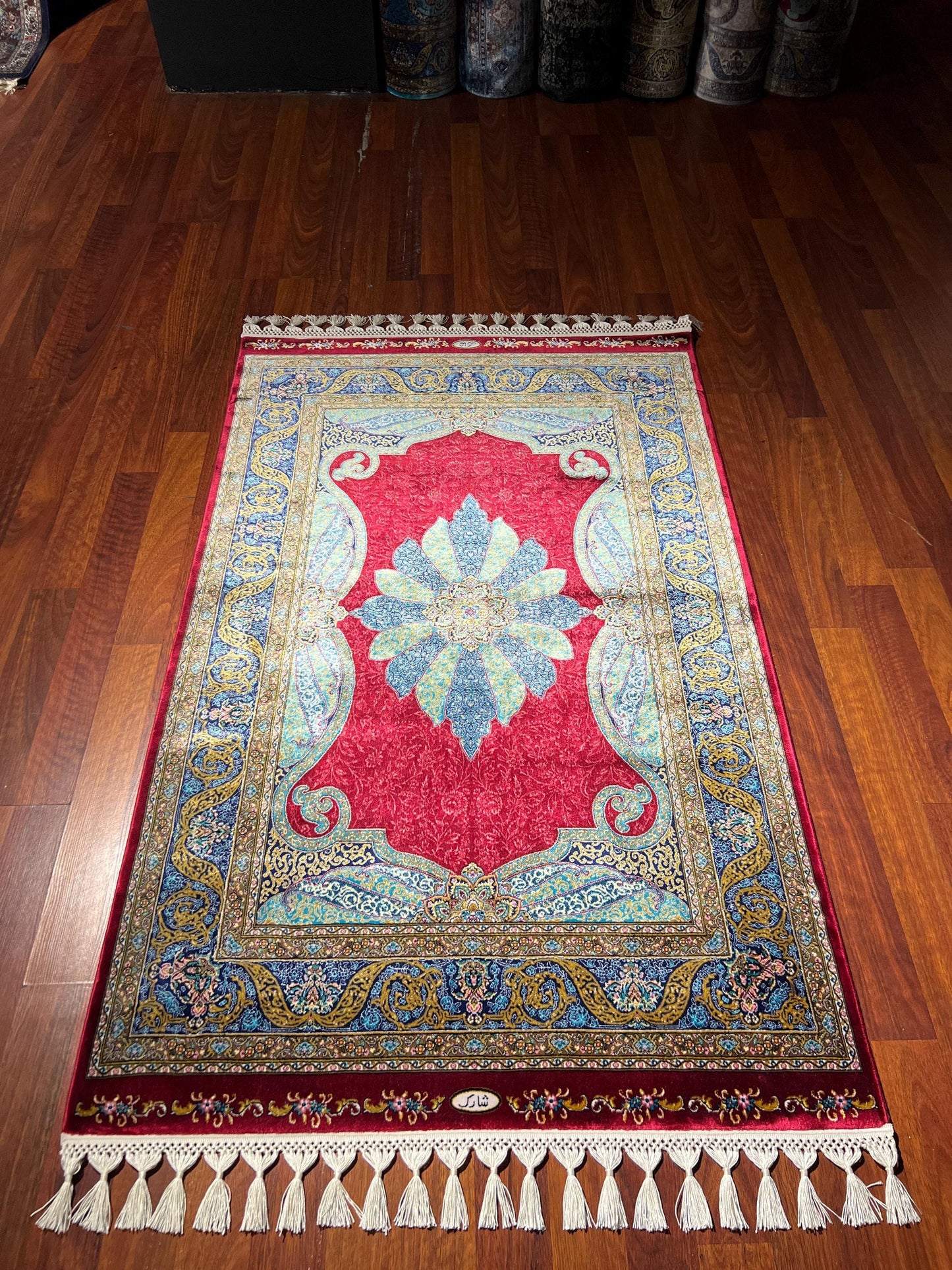Red Blue Floral Star Medallion Silk Rug, 3x5 Area Rug, Turkish Bamboo Silk Rug