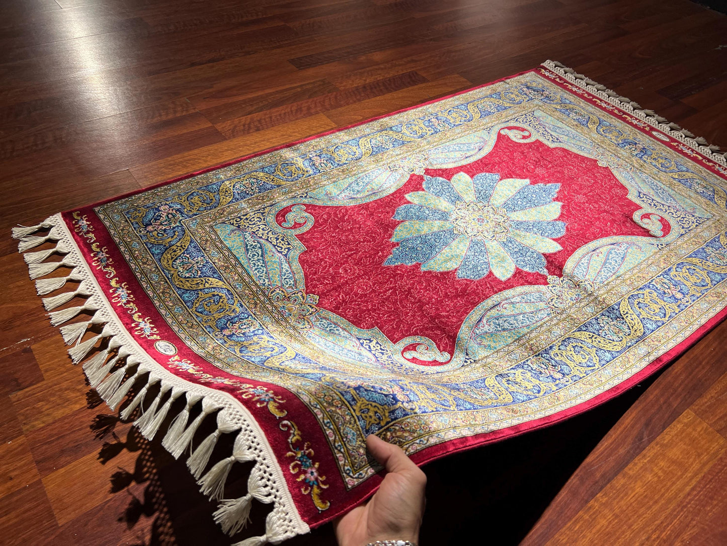 Red Blue Floral Star Medallion Silk Rug, 3x5 Area Rug, Turkish Bamboo Silk Rug