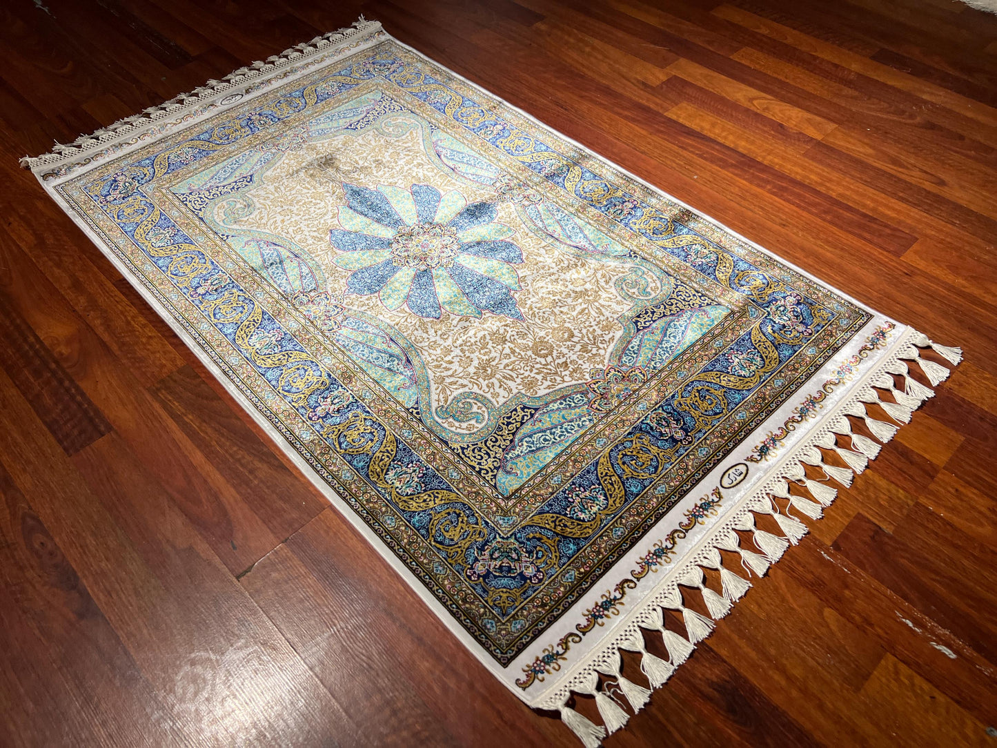 Blue Ivory Star Medallion Silk Rug, 3x5 Area Rug, Turkish Bamboo Silk Rug