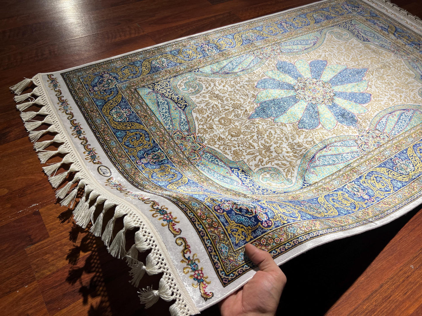 Blue Ivory Star Medallion Silk Rug, 3x5 Area Rug, Turkish Bamboo Silk Rug