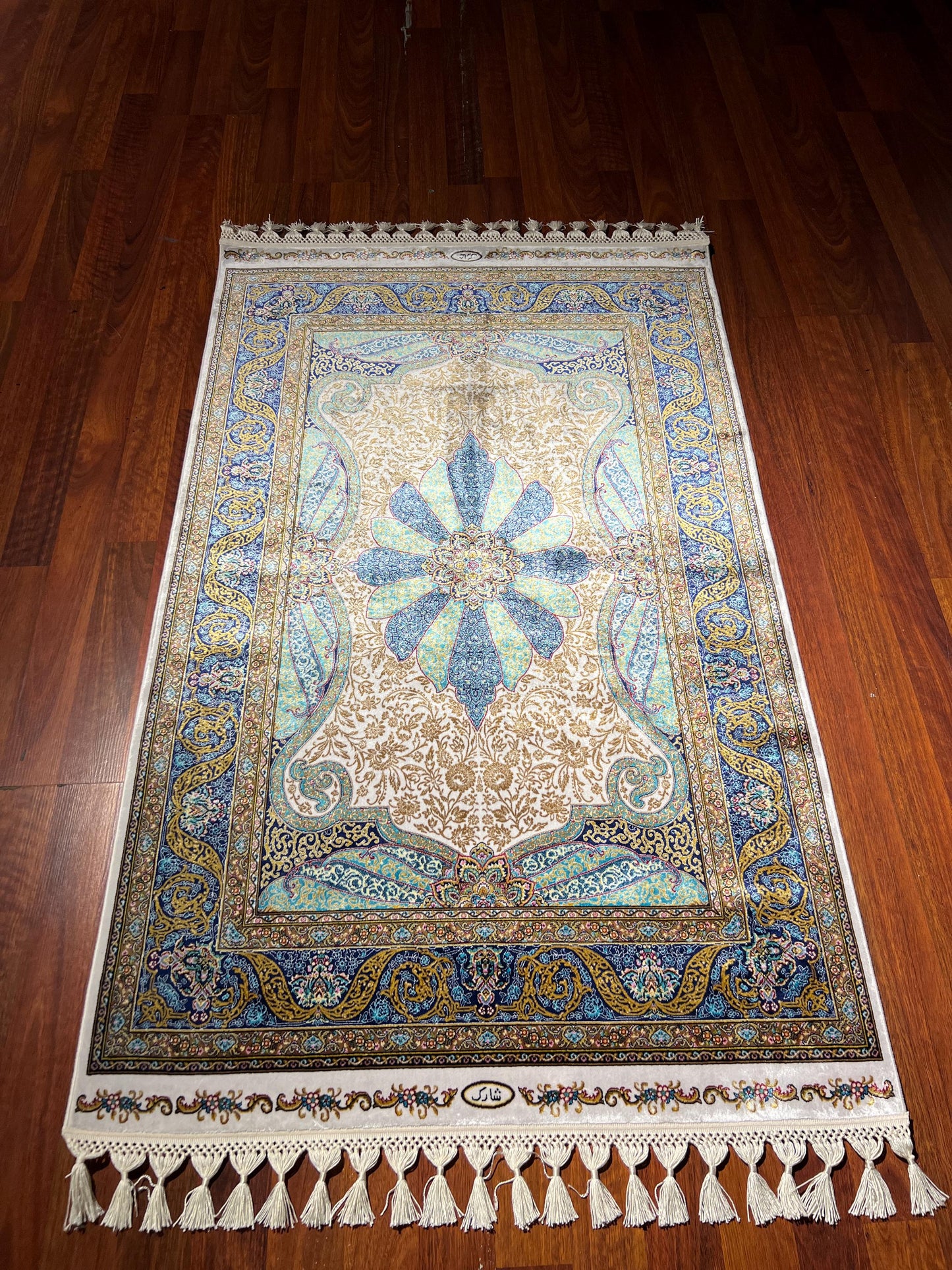 Blue Ivory Star Medallion Silk Rug, 3x5 Area Rug, Turkish Bamboo Silk Rug