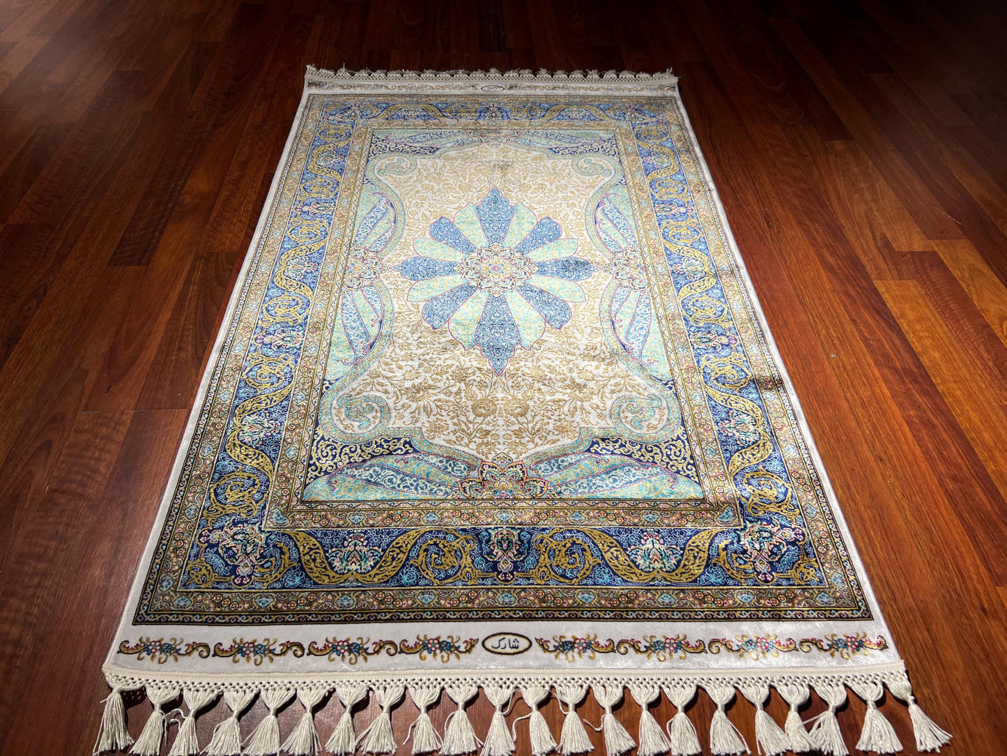 Blue Ivory Star Medallion Silk Rug, 3x5 Area Rug, Turkish Bamboo Silk Rug