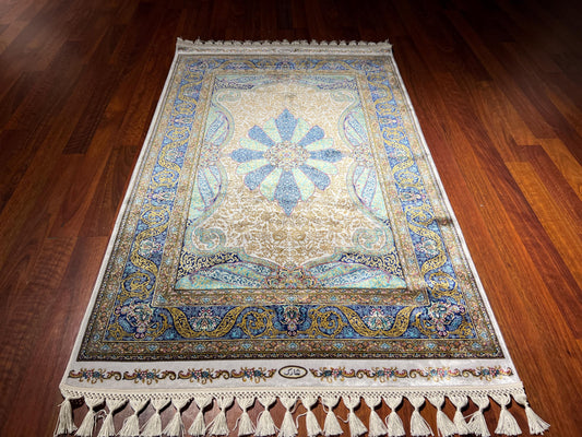 Blue Ivory Star Medallion Silk Rug, 3x5 Area Rug, Turkish Bamboo Silk Rug