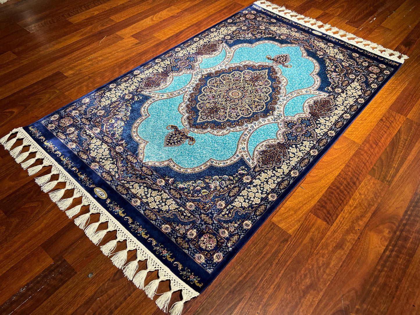 Blue Floral Medallion Silk Rug, 3x5 Area Rug, Turkish Bamboo Silk Rug