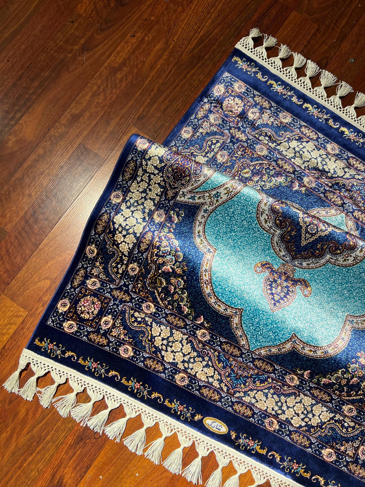 Blue Floral Medallion Silk Rug, 3x5 Area Rug, Turkish Bamboo Silk Rug