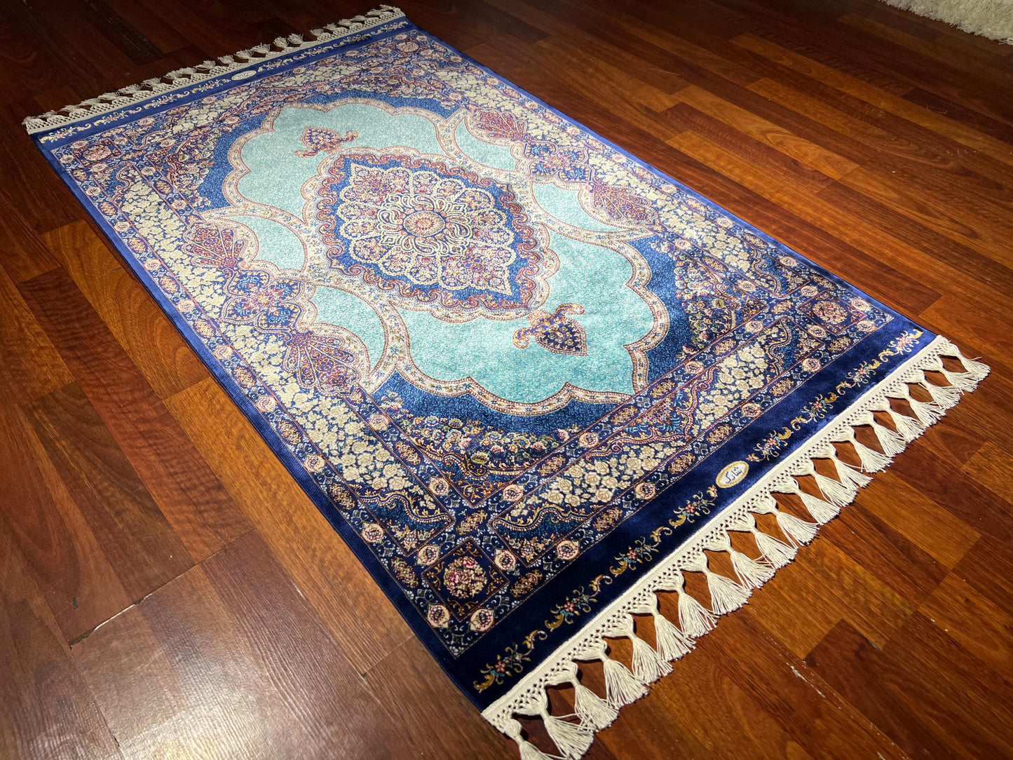 Blue Floral Medallion Silk Rug, 3x5 Area Rug, Turkish Bamboo Silk Rug