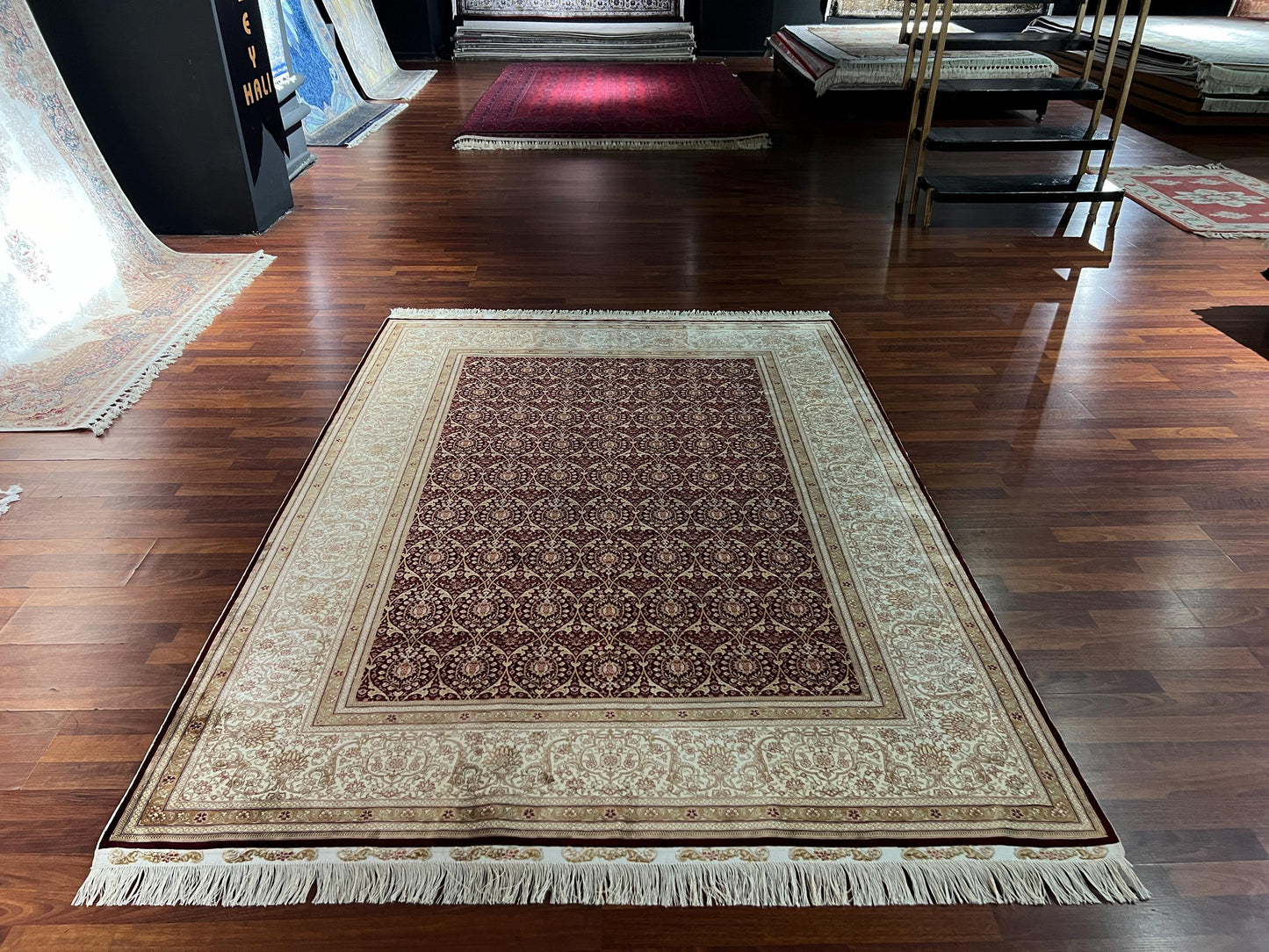 5x8 Green Beige Silk Rug, Floral Area Rug, Luxury Living Room Carpet, Classic Home Decor Rug