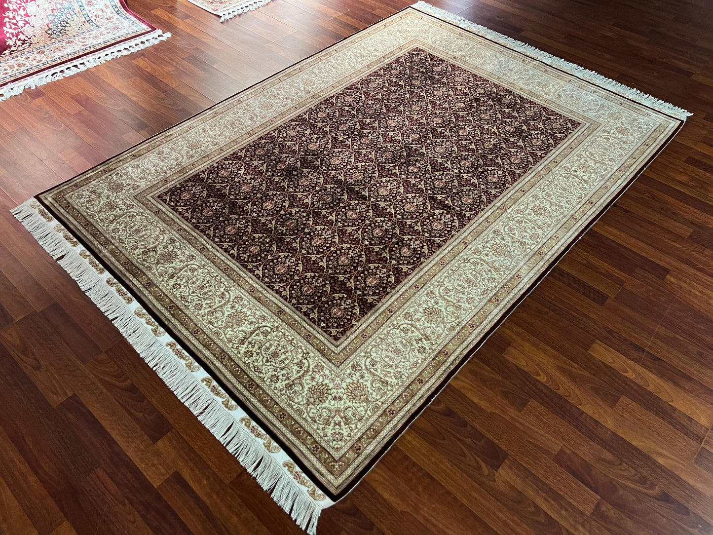 5x8 Green Beige Silk Rug, Floral Area Rug, Luxury Living Room Carpet, Classic Home Decor Rug