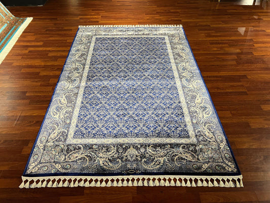 5x8 Blue Floral Silk Rug, Turkish Style Area Rug, Luxury Living Room Carpet, Modal Silk Home Decor