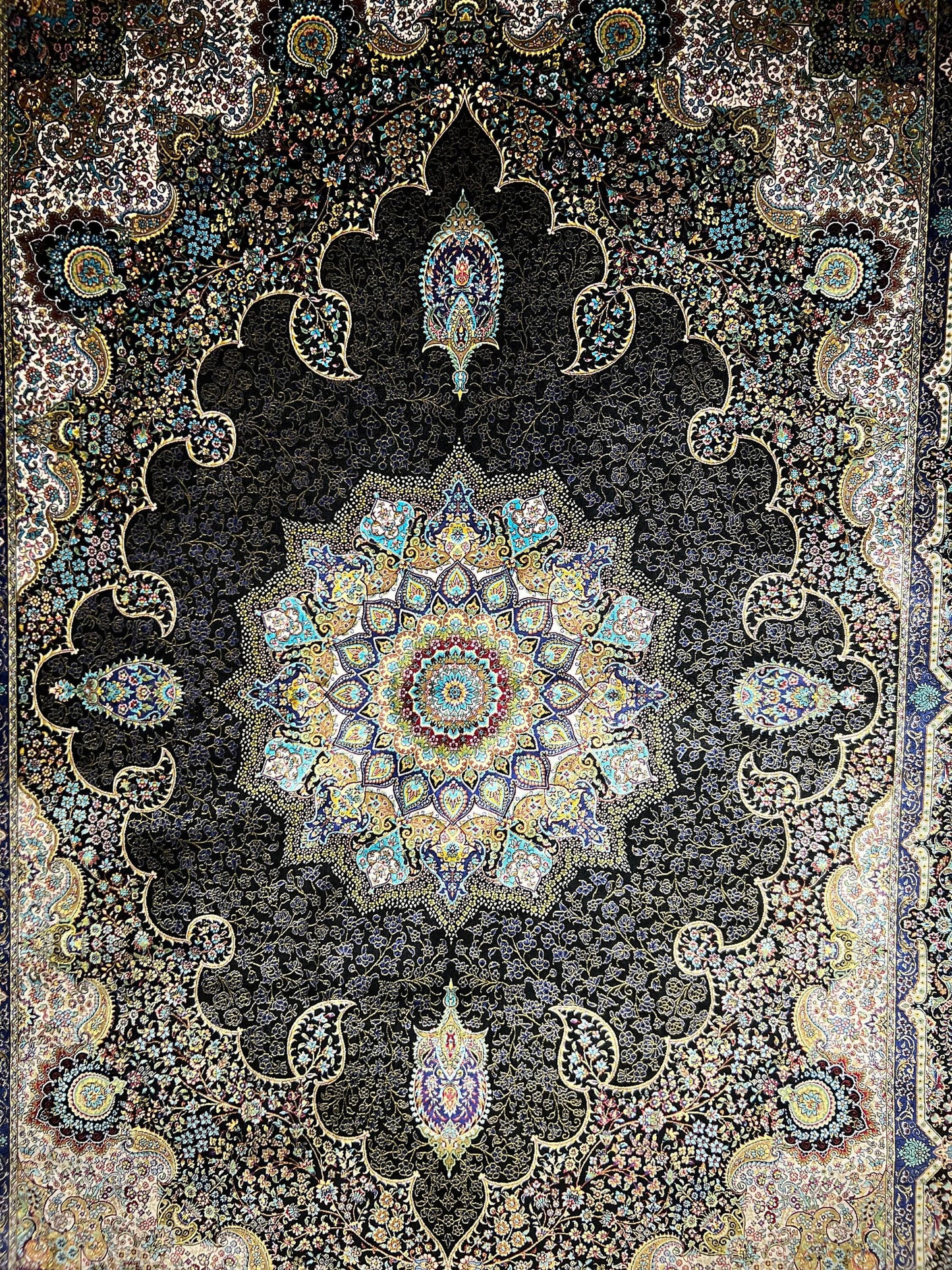 5x8 Black Cream Pattern Rug, Modal Silk Area Rug, Luxury Living Room Carpet, Classic Medallion Rug