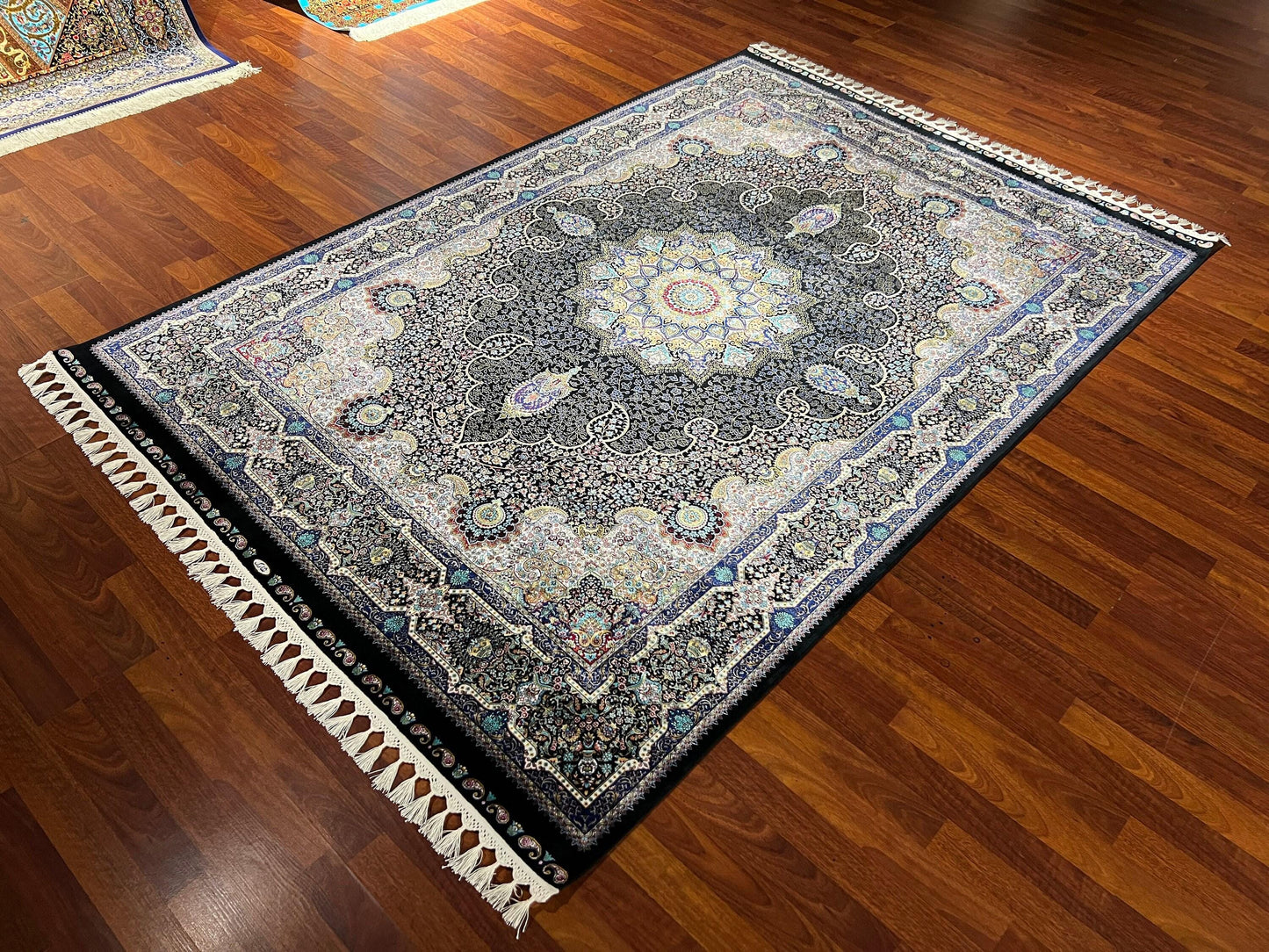 5x8 Black Cream Pattern Rug, Modal Silk Area Rug, Luxury Living Room Carpet, Classic Medallion Rug