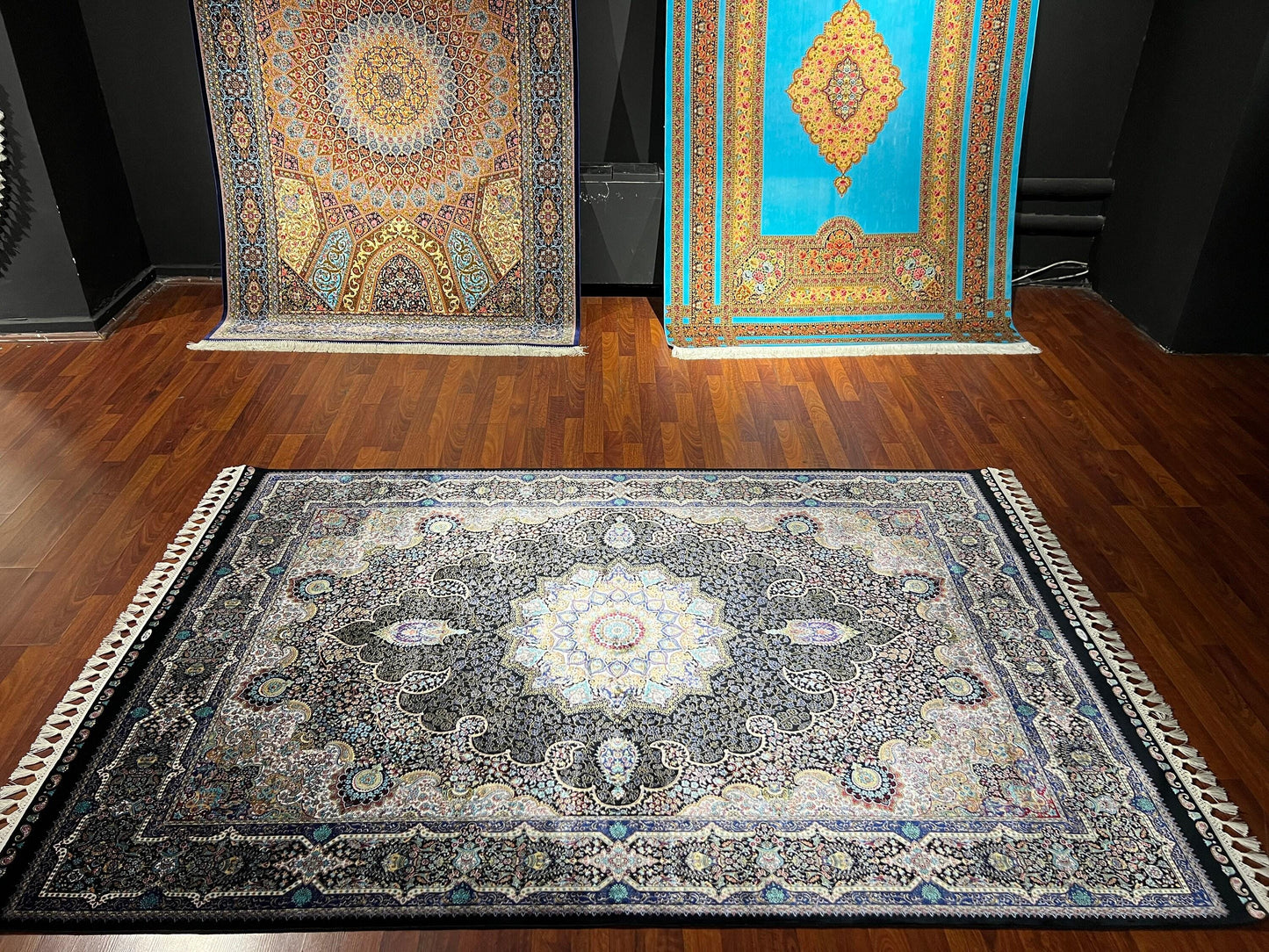 5x8 Black Cream Pattern Rug, Modal Silk Area Rug, Luxury Living Room Carpet, Classic Medallion Rug