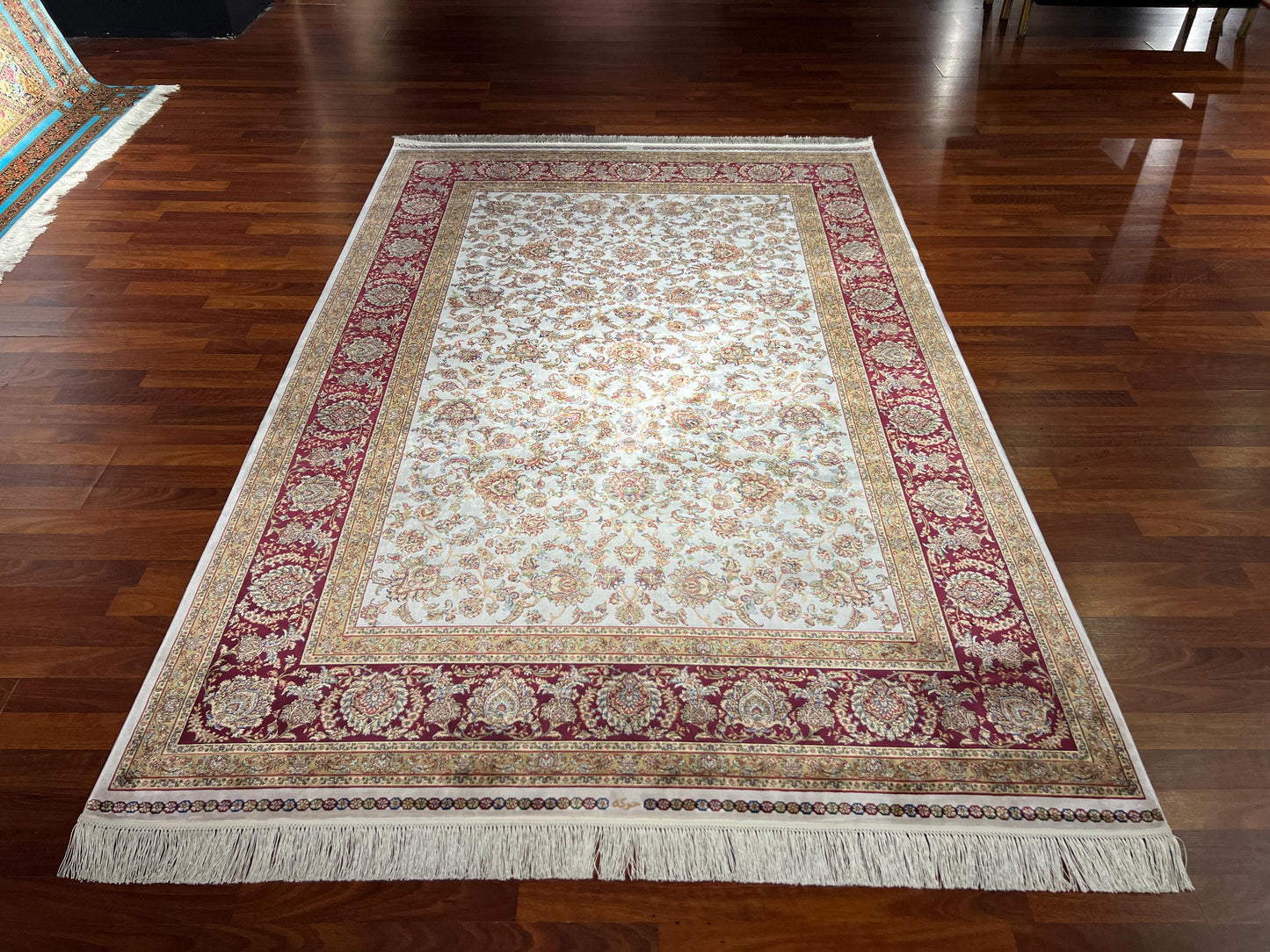 5x8 ft Red Gold Bamboo Silk Rug, Luxury Living Room Rug, Floral Area Rug, High Quality Home Decor Rug