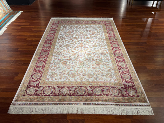 5x8 ft Red Gold Bamboo Silk Rug, Luxury Living Room Rug, Floral Area Rug, High Quality Home Decor Rug