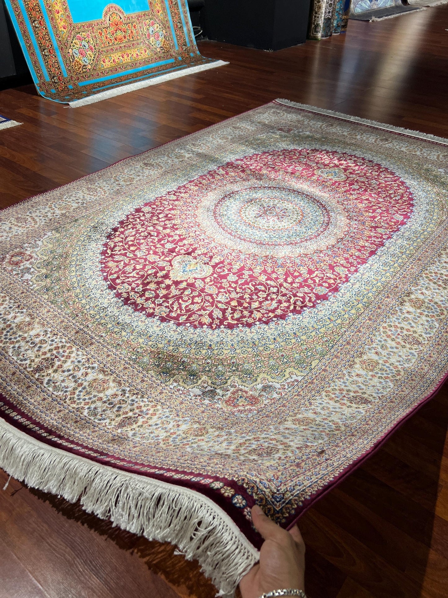 5x8 ft Red Silk Rug, Turkish Bamboo Silk Area Rug, Floral Medallion Rug, Luxury Living Room Rug, Traditional Cream Rug