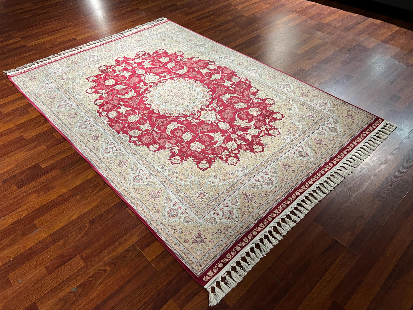 5x8 ft Red Silk Rug, Turkish Bamboo Silk Area Rug, Burgundy Floral Medallion Rug, Luxury Living Room Rug, Ivory Traditional Rug