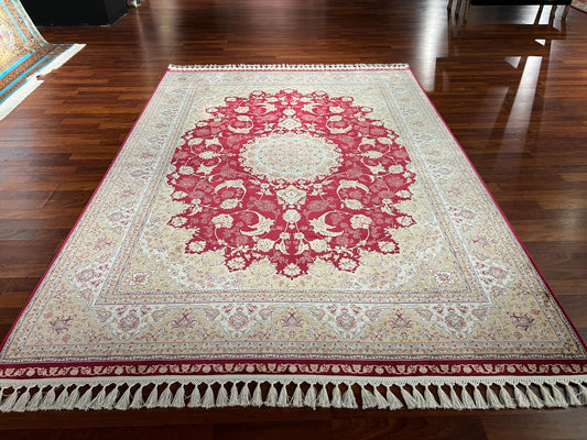 5x8 ft Red Silk Rug, Turkish Bamboo Silk Area Rug, Burgundy Floral Medallion Rug, Luxury Living Room Rug, Ivory Traditional Rug