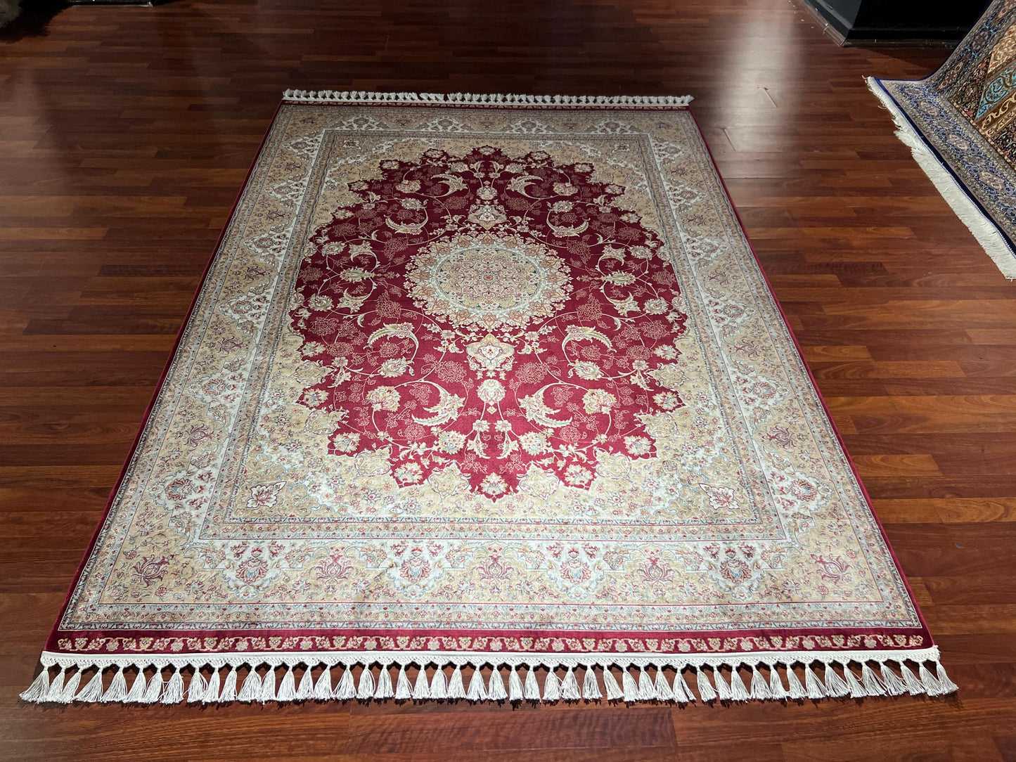 5x8 ft Red Silk Rug, Turkish Bamboo Silk Area Rug, Burgundy Floral Medallion Rug, Luxury Living Room Rug, Ivory Traditional Rug