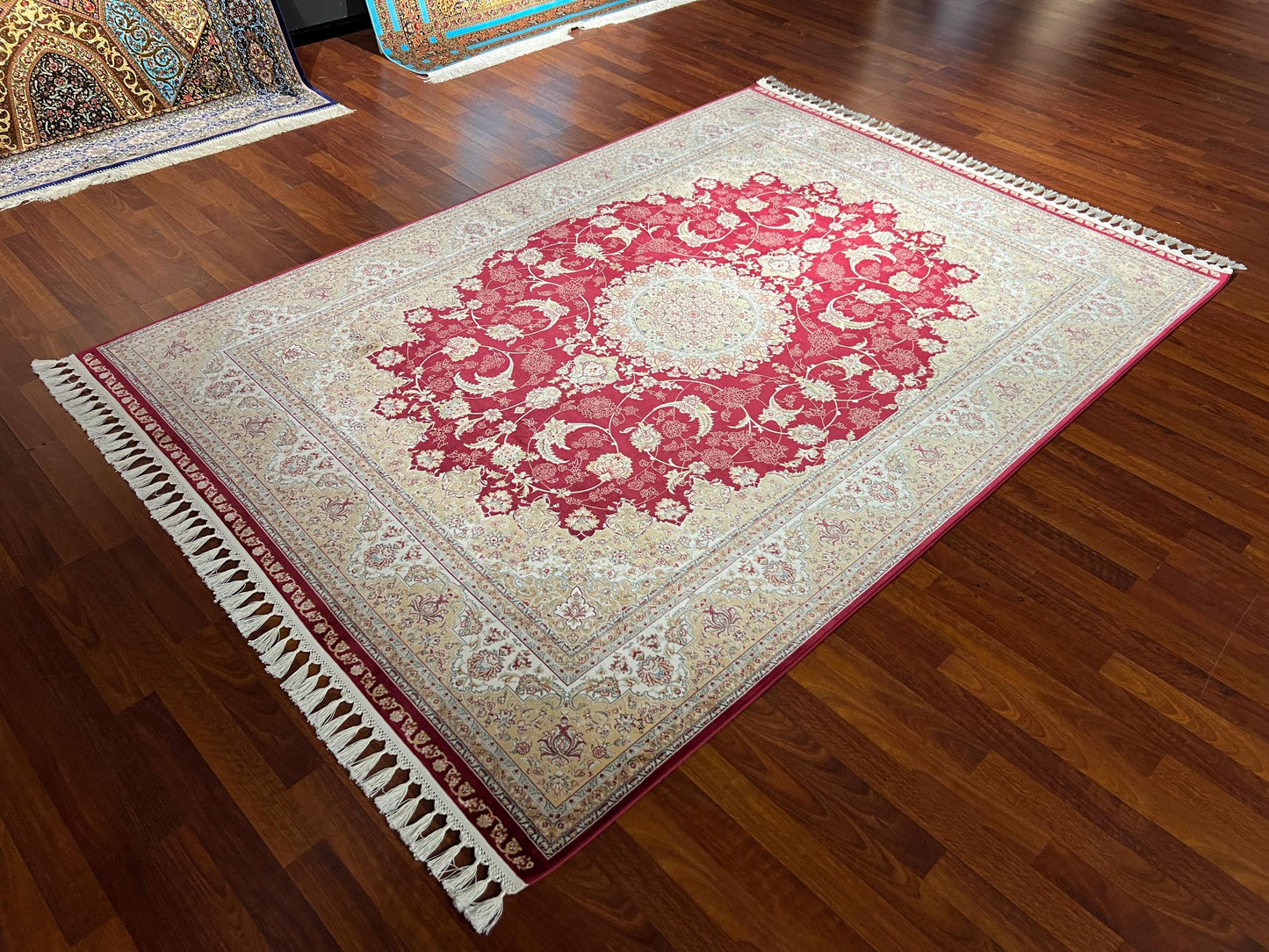 5x8 ft Red Silk Rug, Turkish Bamboo Silk Area Rug, Burgundy Floral Medallion Rug, Luxury Living Room Rug, Ivory Traditional Rug