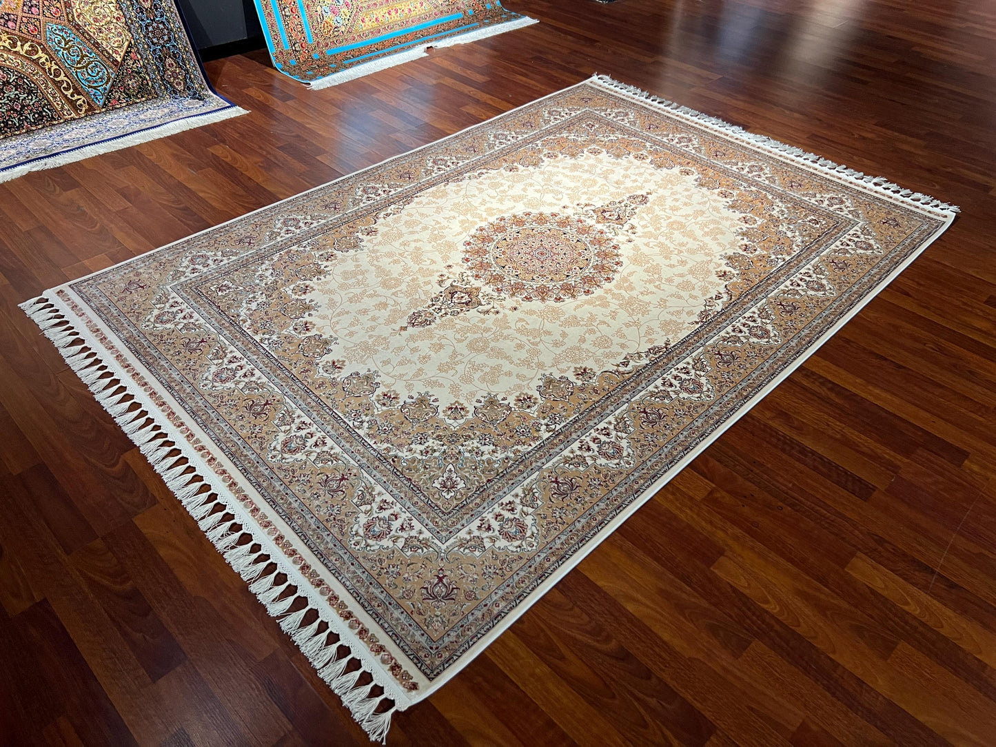 5x8 ft Cream Medallion Silk Rug, Luxury Living Room Rug, Traditional Classic Silk Area Rug, Turkish Style Home Decor Rug