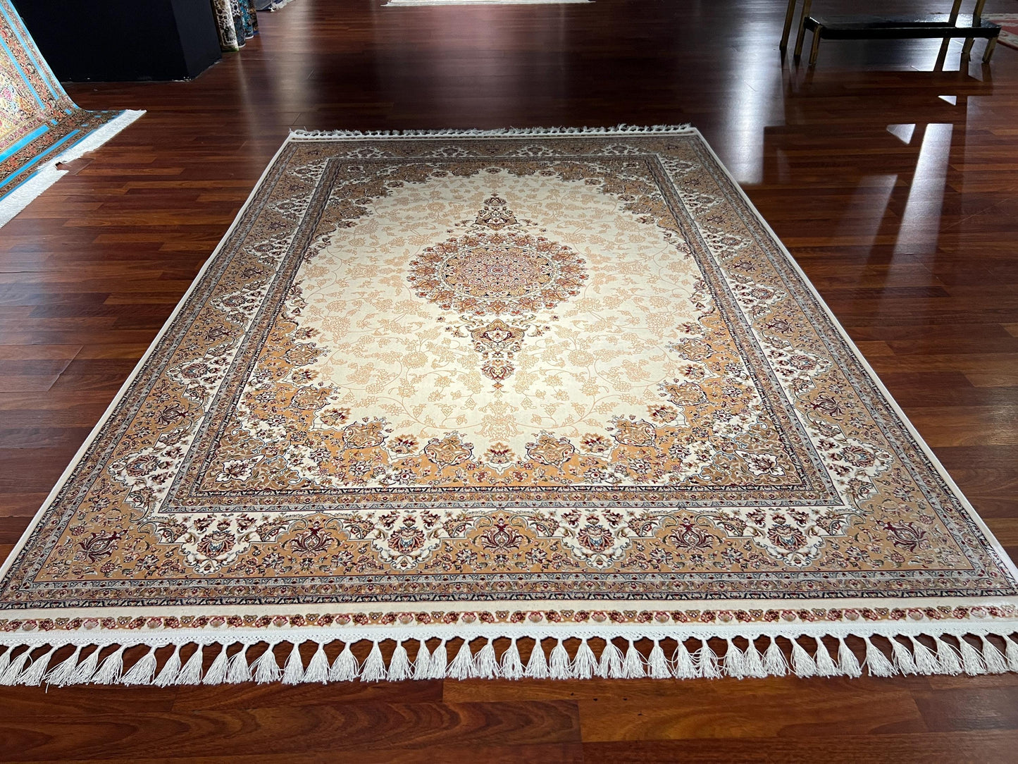 5x8 ft Cream Medallion Silk Rug, Luxury Living Room Rug, Traditional Classic Silk Area Rug, Turkish Style Home Decor Rug