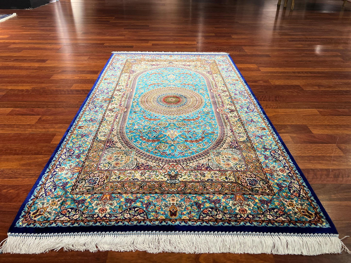 Blue Silk Medallion Hallway Rug, 3x5 RunnerRug, Turquoise Modal Silk Rug, Turkish Rug