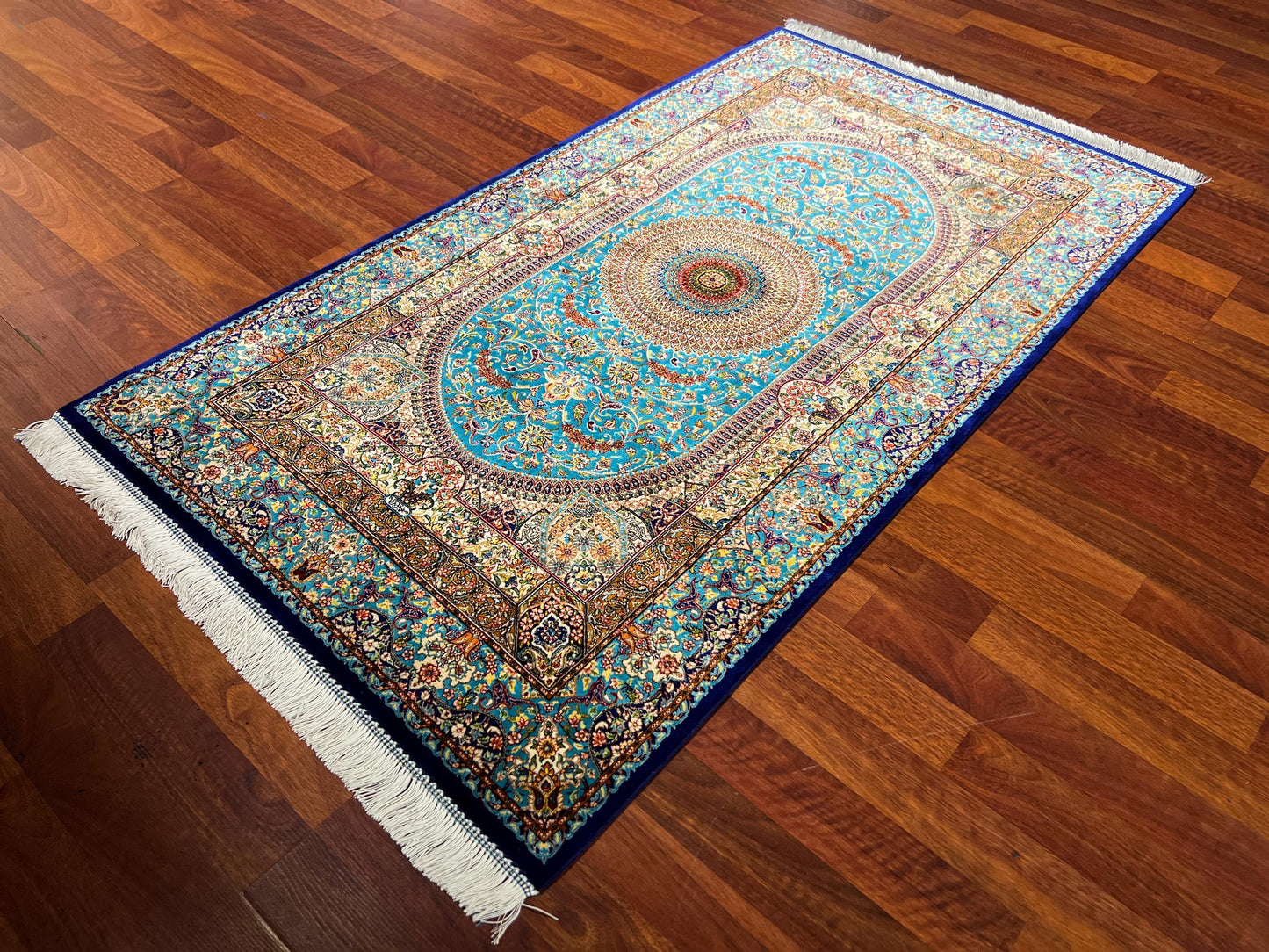 Blue Silk Medallion Hallway Rug, 3x5 RunnerRug, Turquoise Modal Silk Rug, Turkish Rug