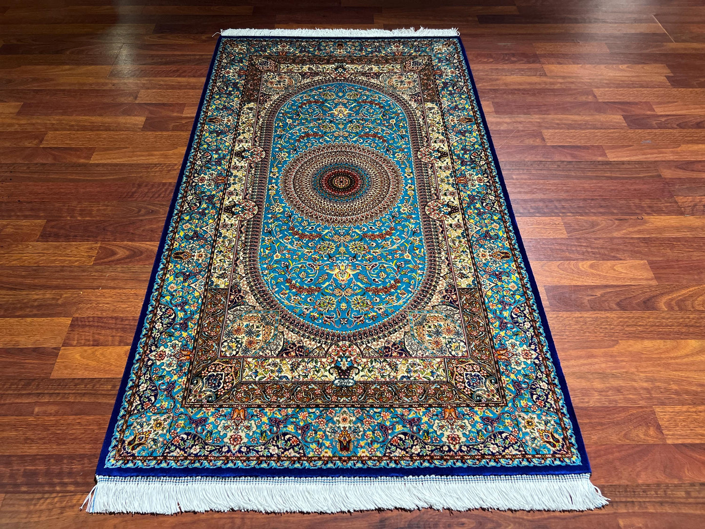 Blue Silk Medallion Hallway Rug, 3x5 RunnerRug, Turquoise Modal Silk Rug, Turkish Rug