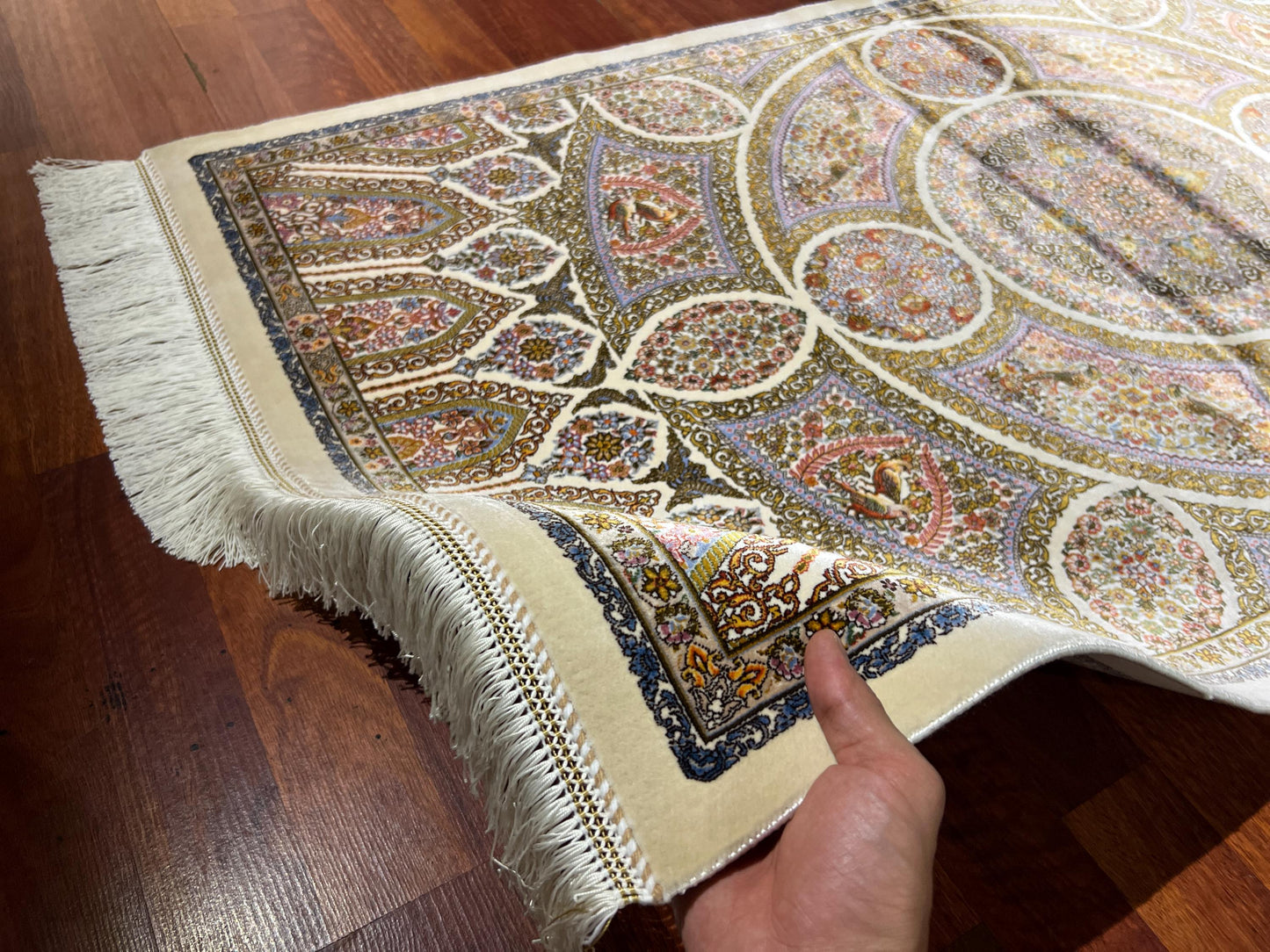 Beige Medallion Silk Hallway Rug, 3x5 Area Rug, Modal Silk Rug, Turkish Decor