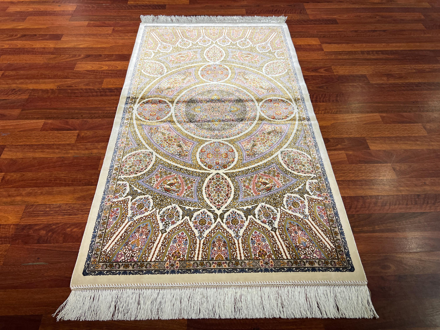 Beige Medallion Silk Hallway Rug, 3x5 Area Rug, Modal Silk Rug, Turkish Decor