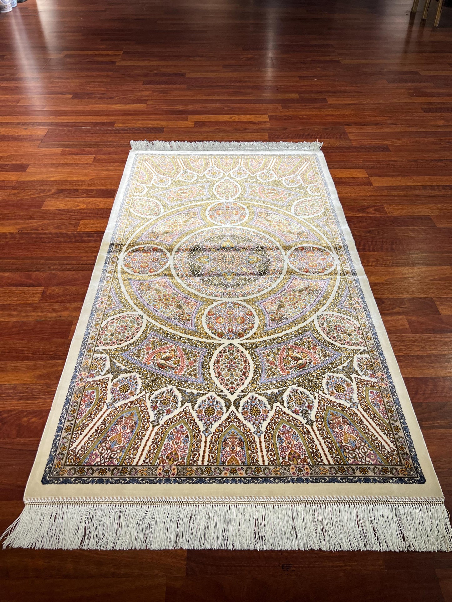 Beige Medallion Silk Hallway Rug, 3x5 Area Rug, Modal Silk Rug, Turkish Decor