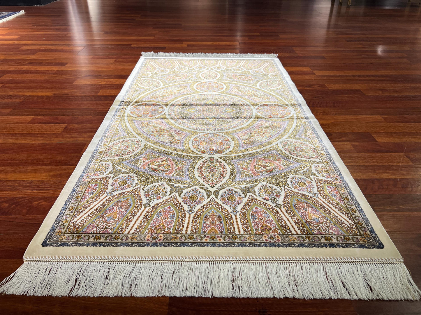 Beige Medallion Silk Hallway Rug, 3x5 Area Rug, Modal Silk Rug, Turkish Decor