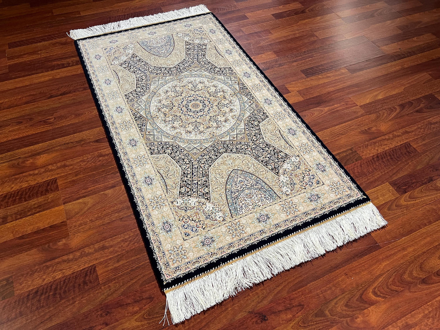 Beige Medallion Runner Silk Rug, 3x5 Area Rug, Modal Silk Rug, Traditional Turkish Rug