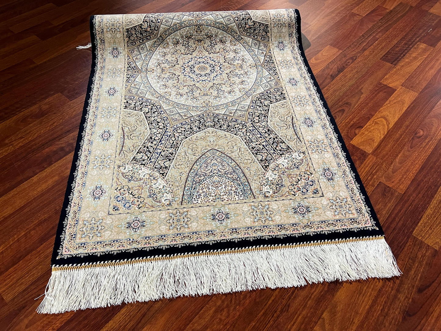Beige Medallion Runner Silk Rug, 3x5 Area Rug, Modal Silk Rug, Traditional Turkish Rug