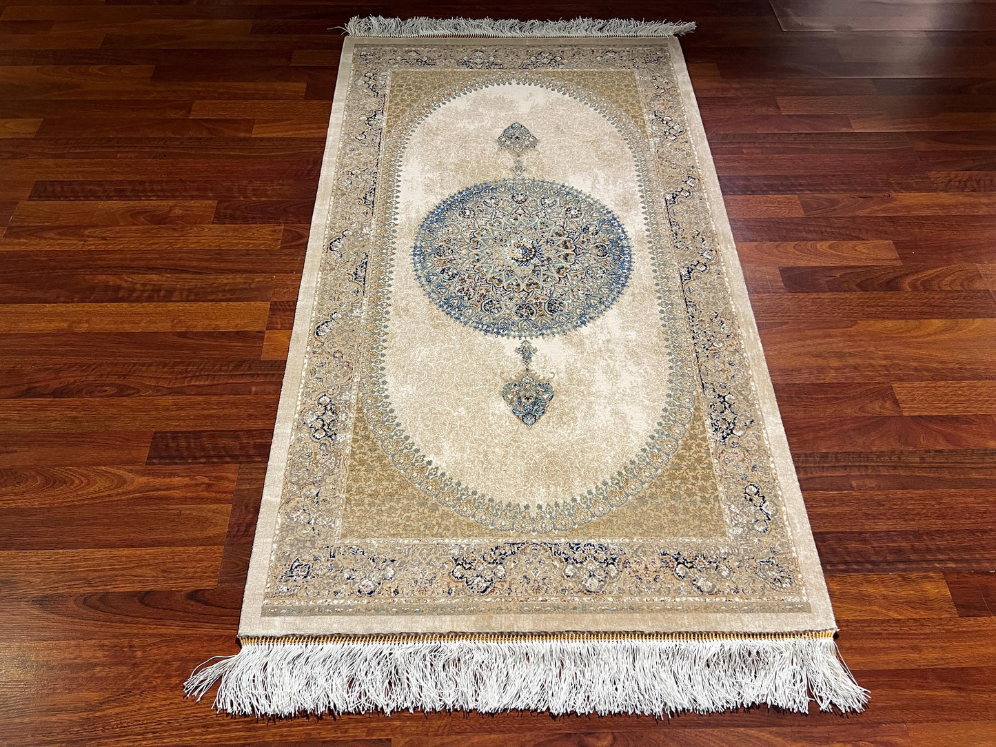 Beige Medallion Hallway Silk Rug, 3x5 Area Rug, Modal Silk Rug, Luxury Turkish Rug