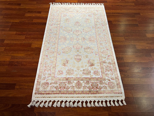 Beige Floral Silk Rug, 3x5 Area Rug, Hallway Runner Rug, Elegant Home Decor
