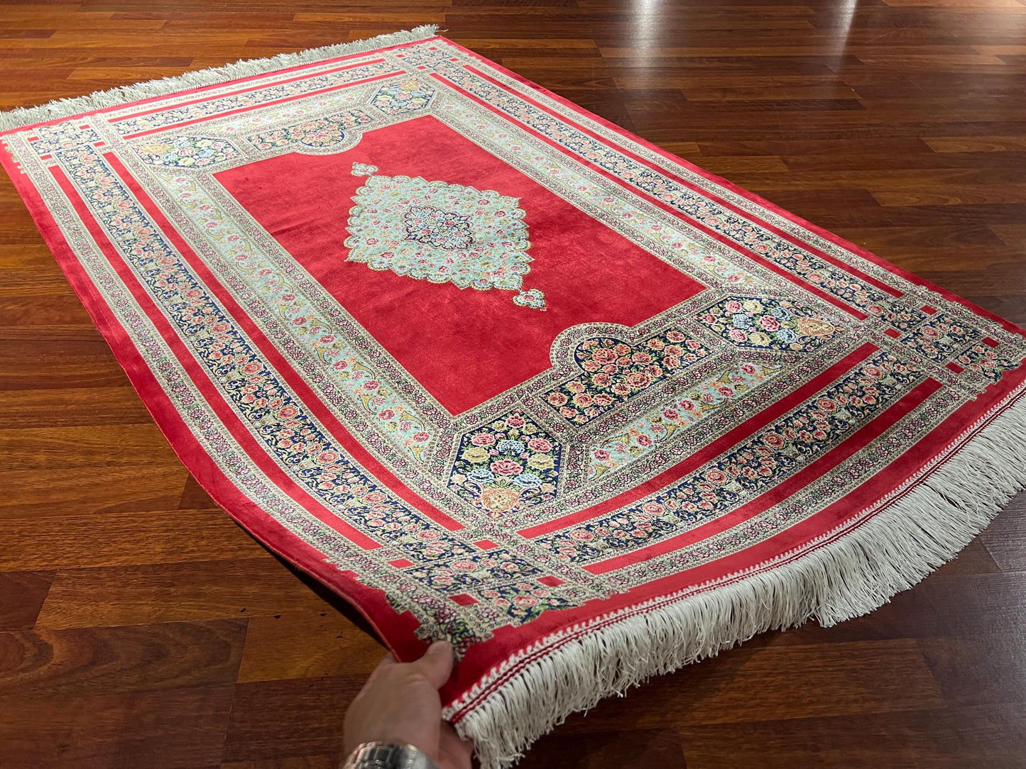 Red Medallion Silk Rug, 3x5 Area Rug, Hallway Runner Rug, Turkish Decor