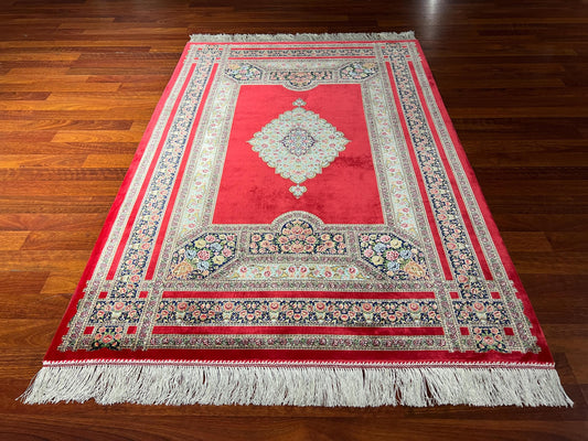 Red Medallion Silk Rug, 3x5 Area Rug, Hallway Runner Rug, Turkish Decor