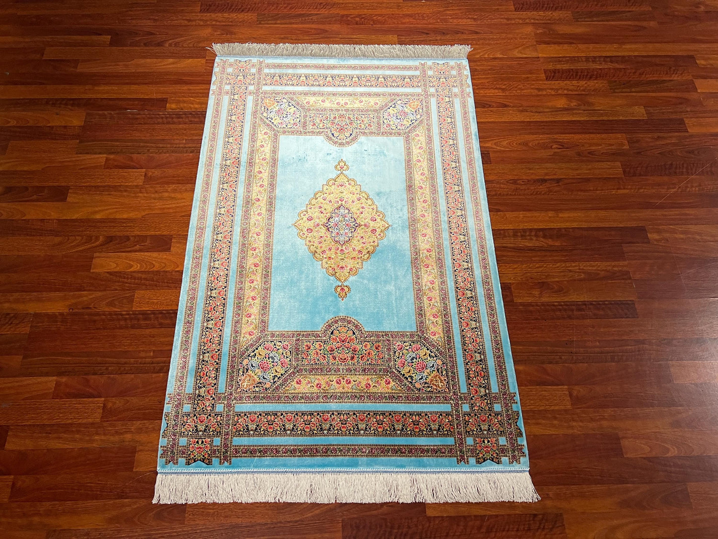 Turquoise Floral Silk Rug, 3x5 Area Rug, Hallway Runner Rug, Turkish Decor