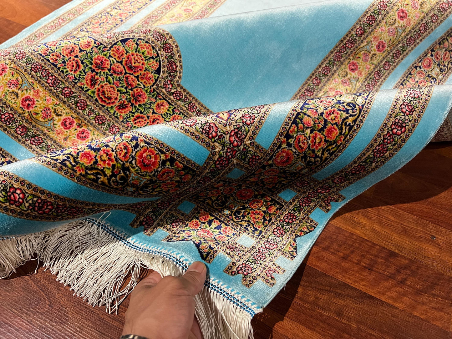 Turquoise Floral Silk Rug, 3x5 Area Rug, Hallway Runner Rug, Turkish Decor