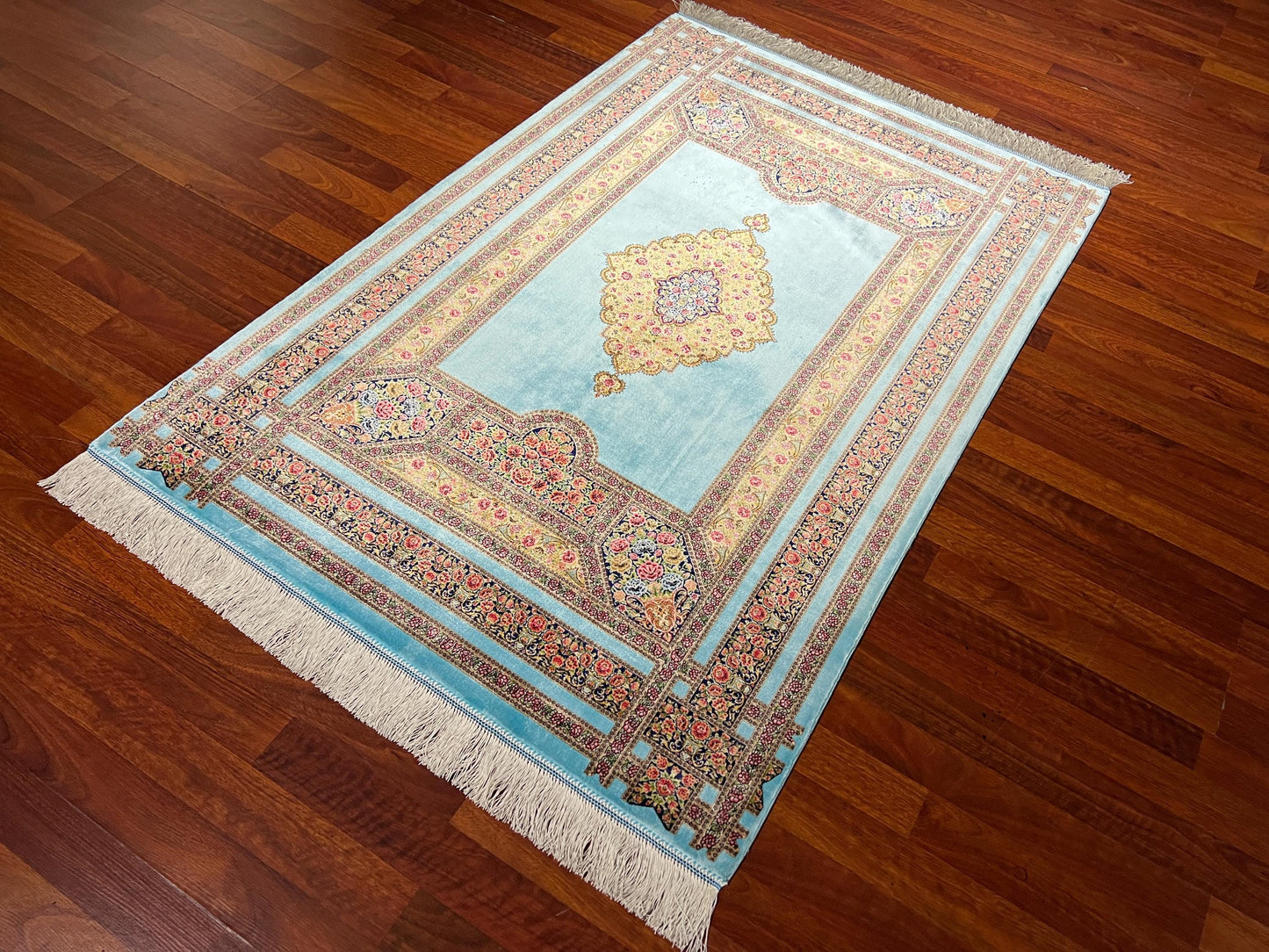 Turquoise Floral Silk Rug, 3x5 Area Rug, Hallway Runner Rug, Turkish Decor
