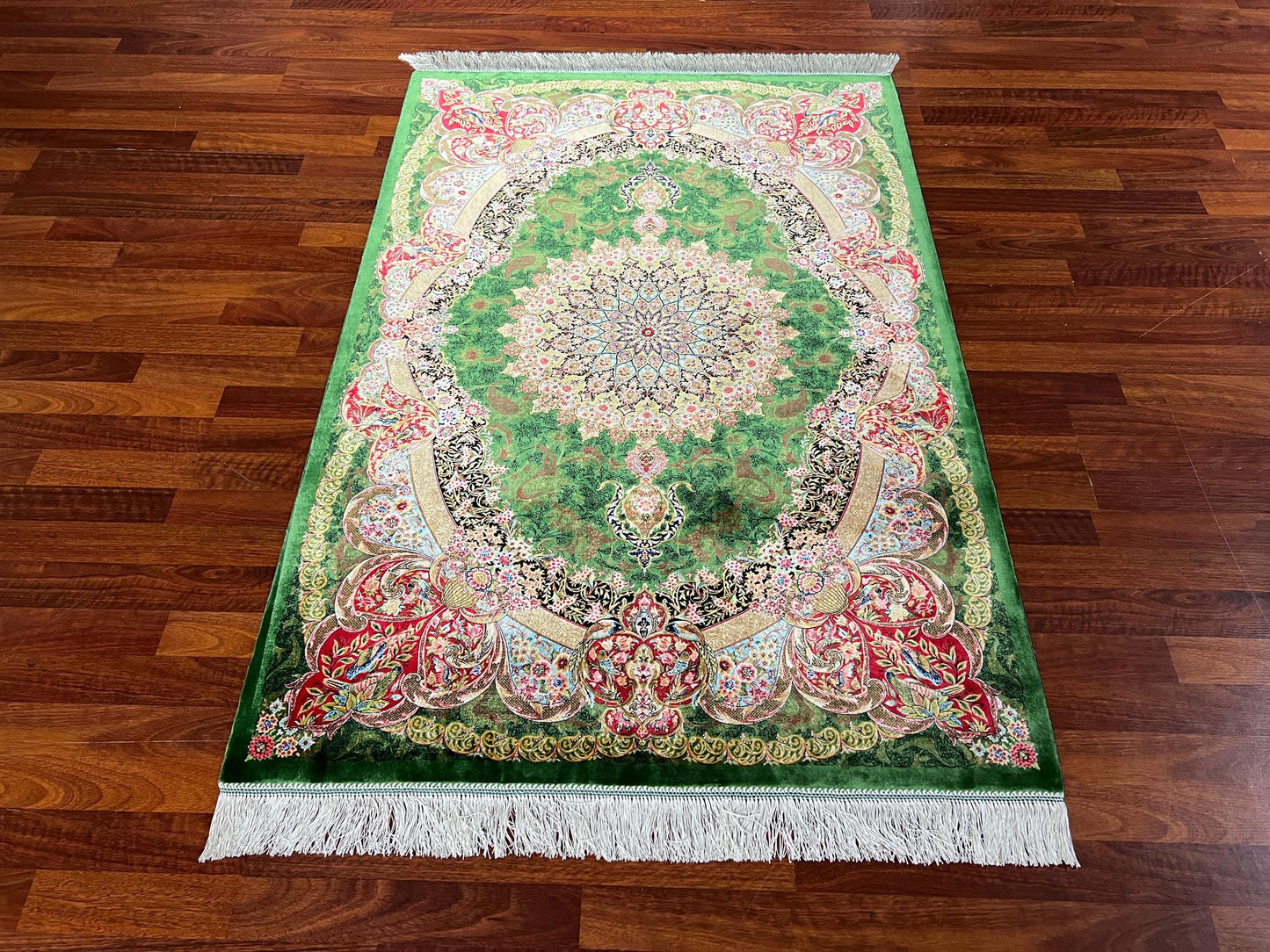 Green Medallion Silk Rug, 3x5 Area Rug, Hallway Runner Rug, Luxury Decor