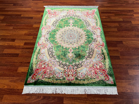 Green Medallion Silk Rug, 3x5 Area Rug, Hallway Runner Rug, Luxury Decor