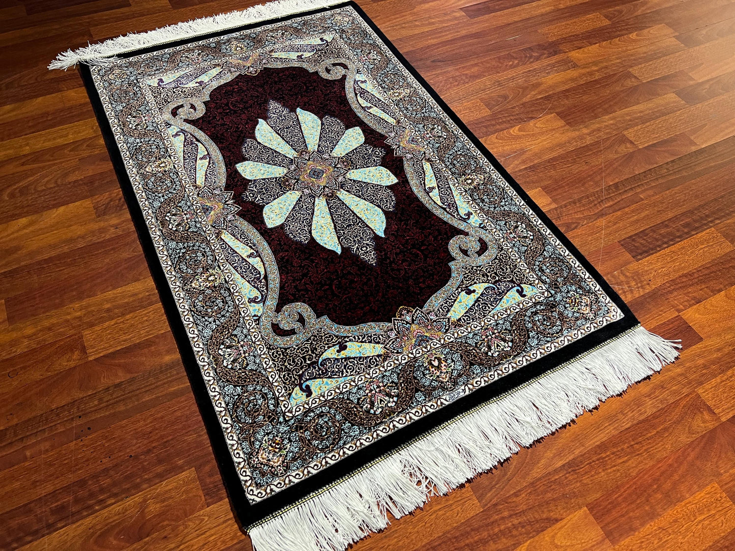 Blue Red Silk Rug, 3x5 Area Rug, Entryway Rug, Hallway Runner Decor