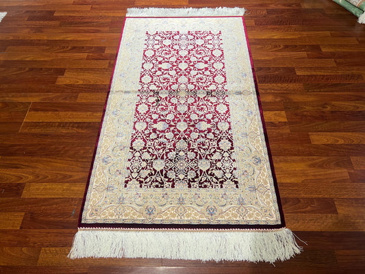 Red Floral Silk Rug, 3x5 Area Rug, Hallway Runner Rug, Turkish Rug