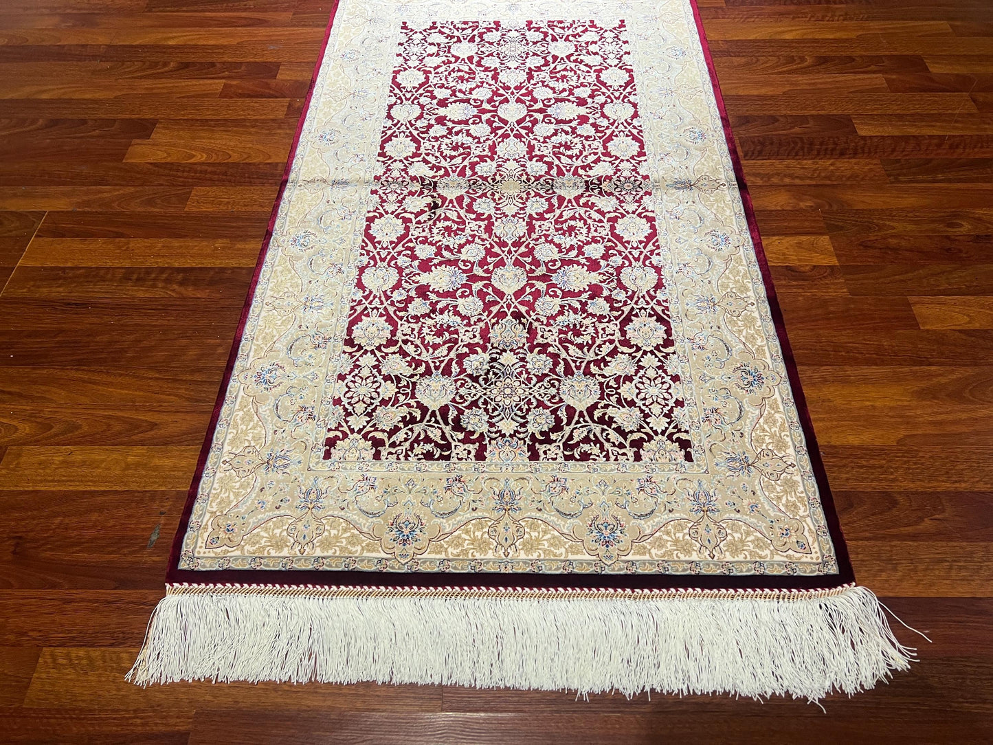 Red Floral Silk Rug, 3x5 Area Rug, Hallway Runner Rug, Turkish Rug