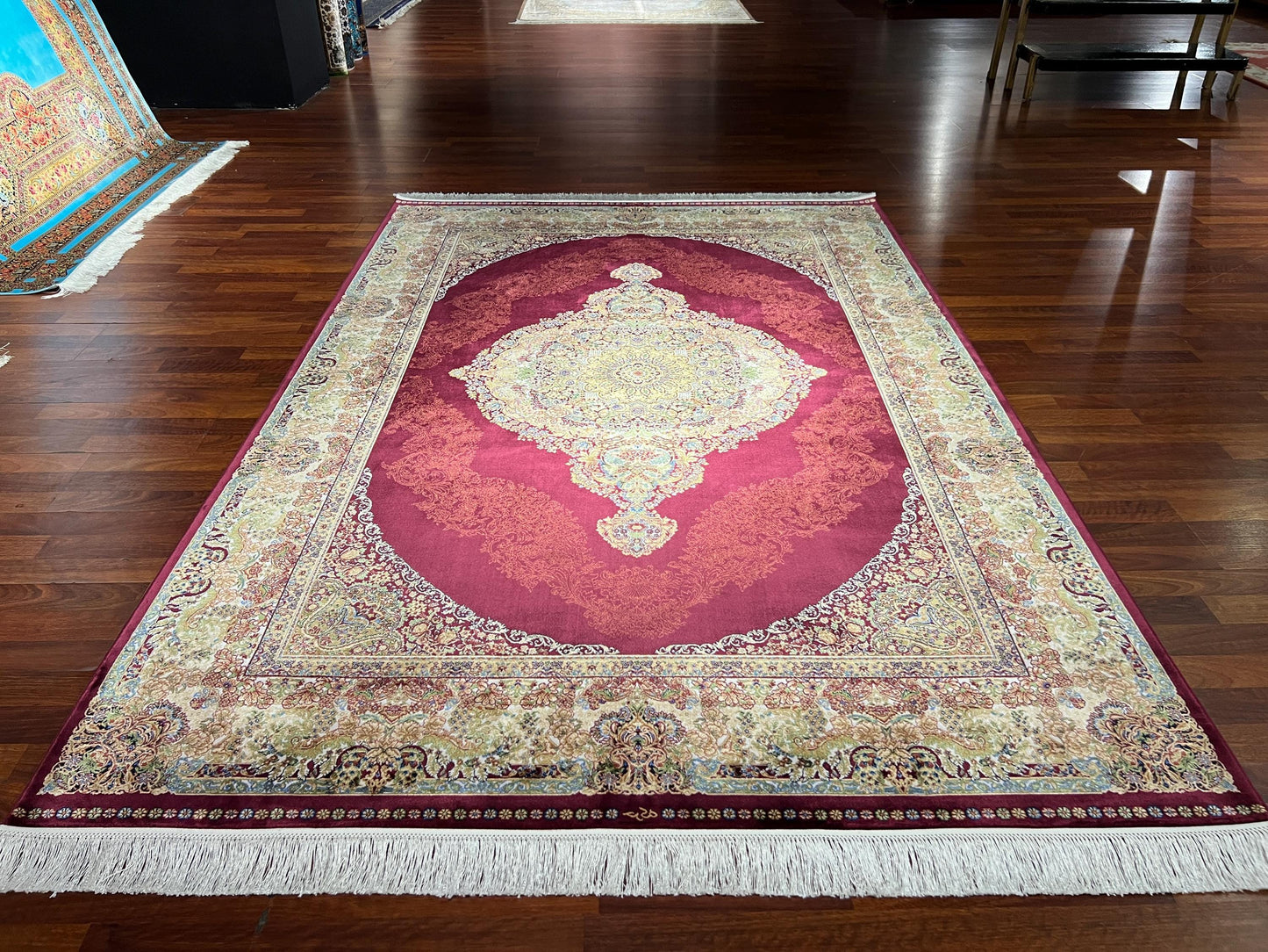 5x8 Red Gold Bamboo Silk Rug, Floral Medallion Area Rug, Luxury Living Room Carpet