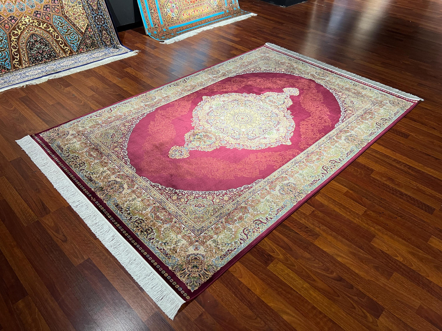 5x8 Red Gold Bamboo Silk Rug, Floral Medallion Area Rug, Luxury Living Room Carpet
