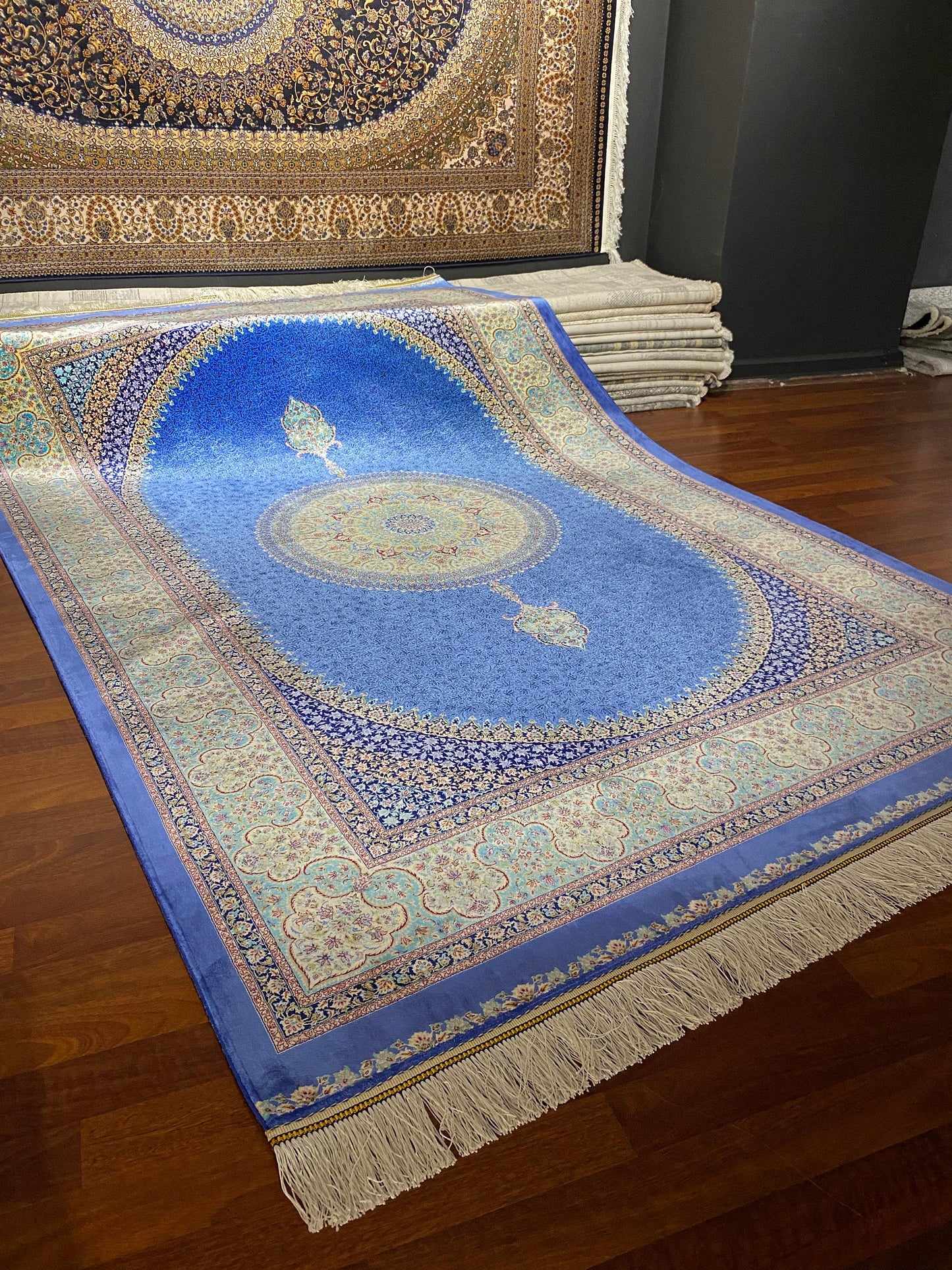 5x8 Blue Medallion Silk Rug, Palace Silk Rug, Turkish Living Room Rug